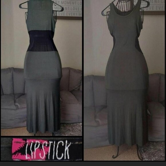 NWOT Lipstick - maxi, military green Dress with sheer, size small - Picture 1 of 8